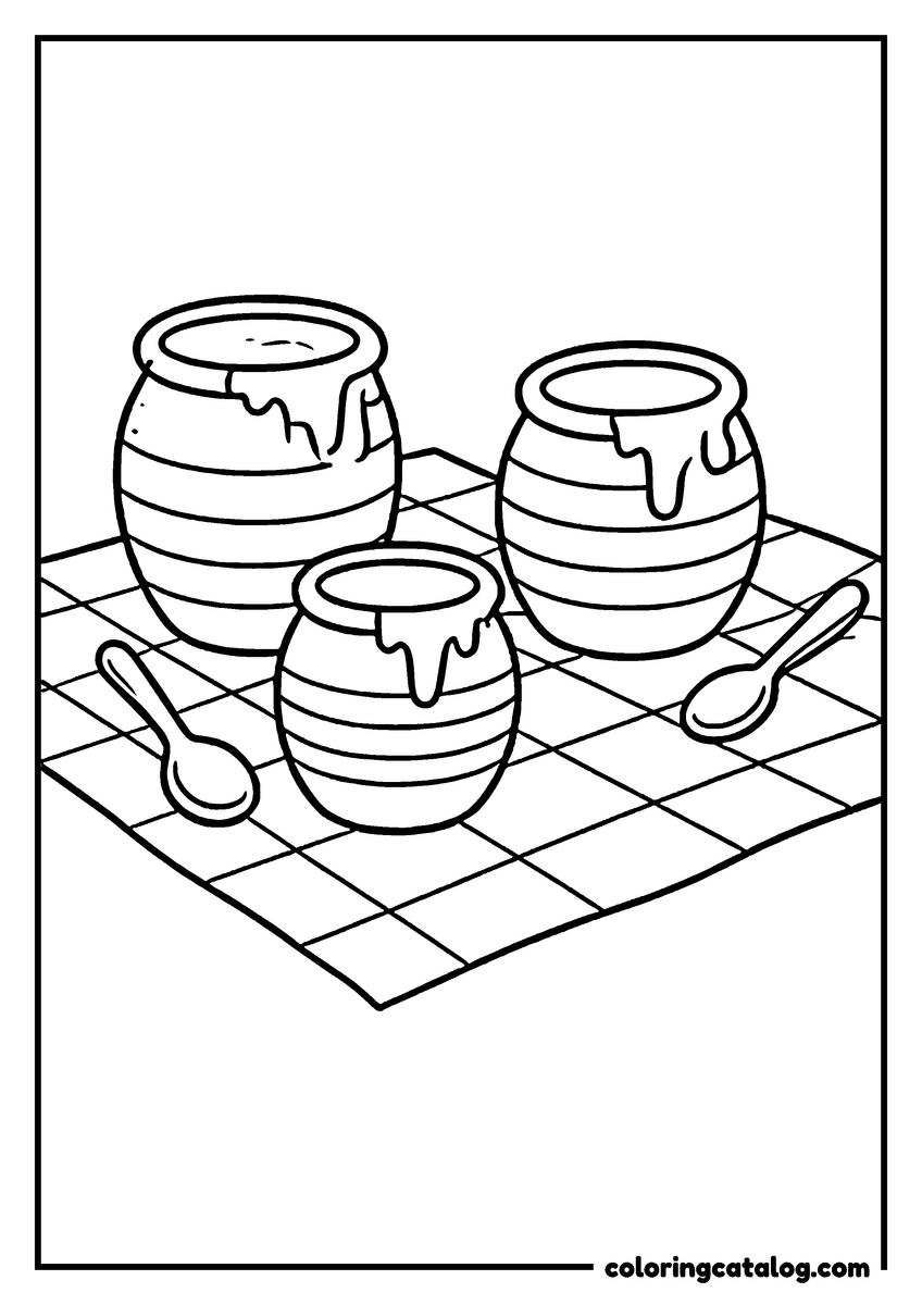 Winnie the Pooh coloring page of three honey pots and spoons on a checkered picnic blanket