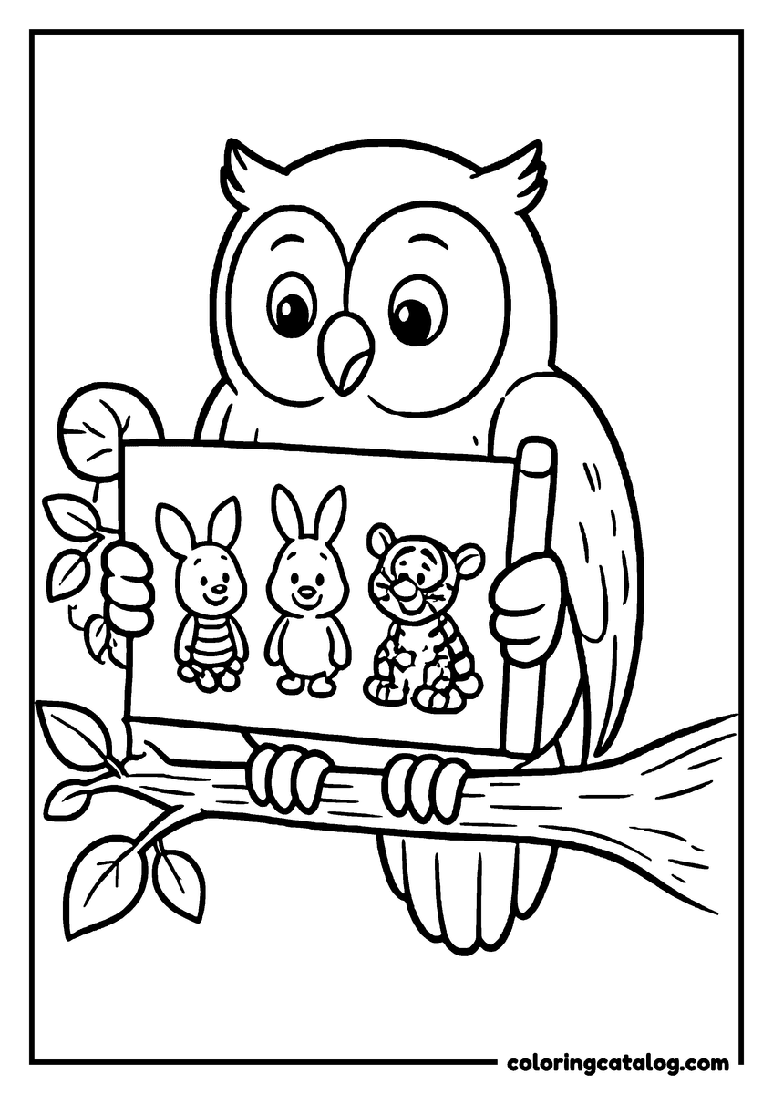Winnie the Pooh coloring page of Owl on a branch holding a picture of Piglet, Rabbit and Tigger