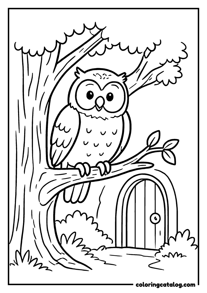 Winnie the Pooh coloring page of Owl perched on a branch above the door of his tree house