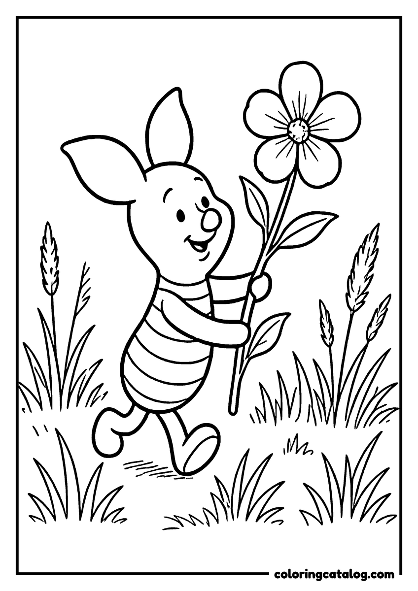 Winnie the Pooh coloring page of Piglet carrying a flower taller than himself through the grass