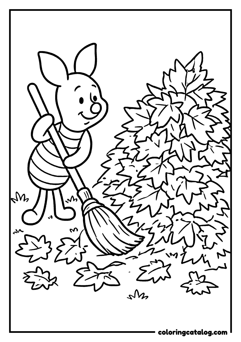 Winnie the Pooh coloring page of Piglet sweeping a big pile of autumn leaves