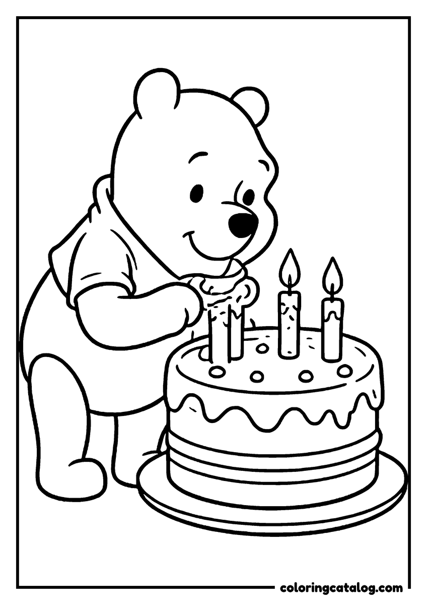 Winnie the Pooh coloring page of Winnie the Pooh dipping a finger into a birthday cake
