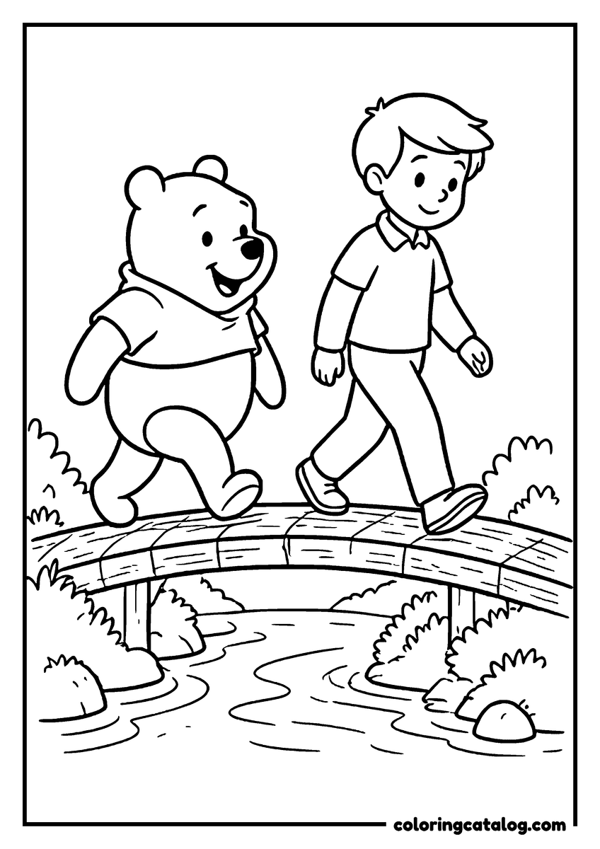 Winnie the Pooh coloring page of Winnie the Pooh and Christopher Robin walking across a bridge over a stream
