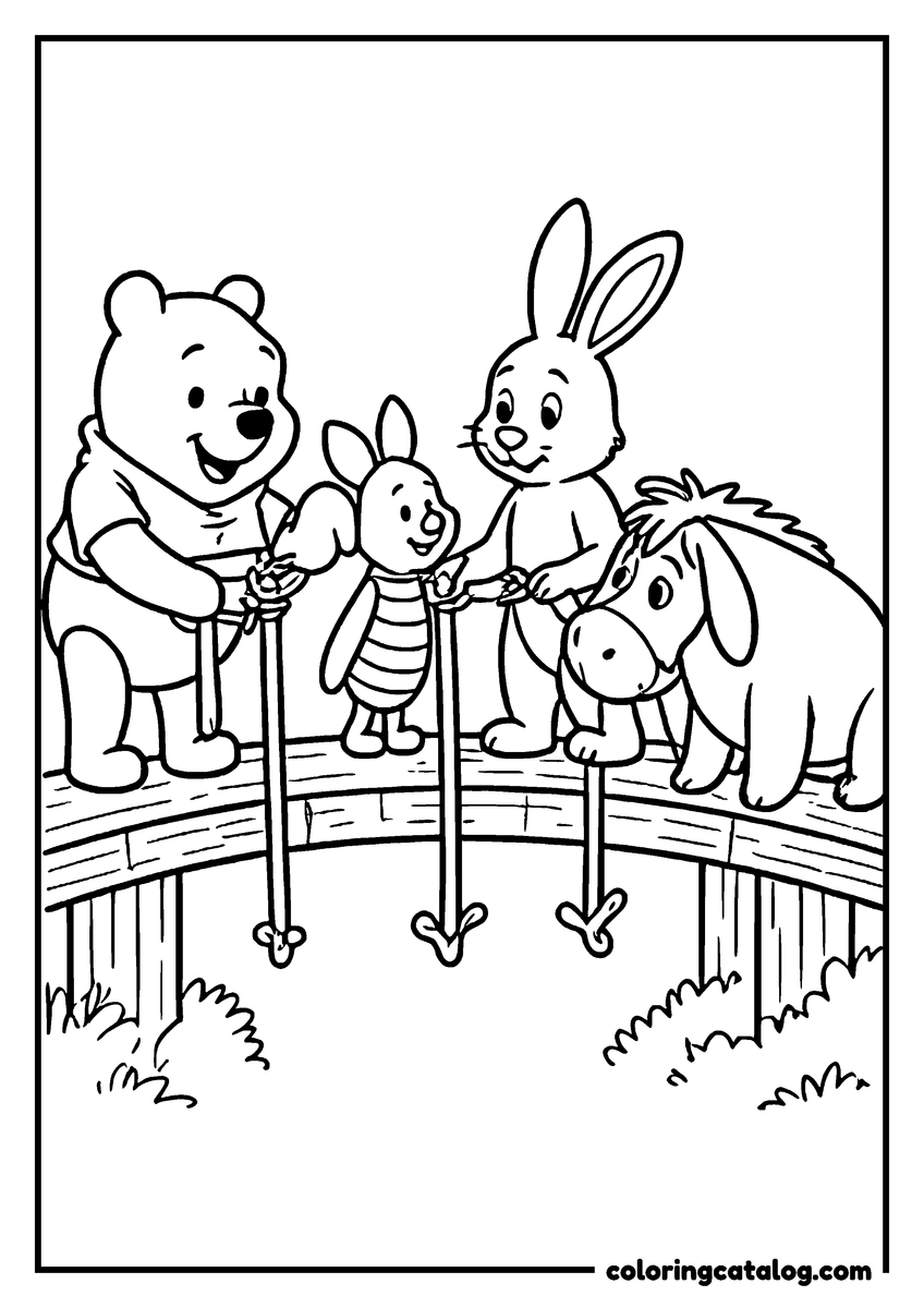 Winnie the Pooh coloring page of Pooh, Piglet, Rabbit and Eeyore dropping sticks from a bridge