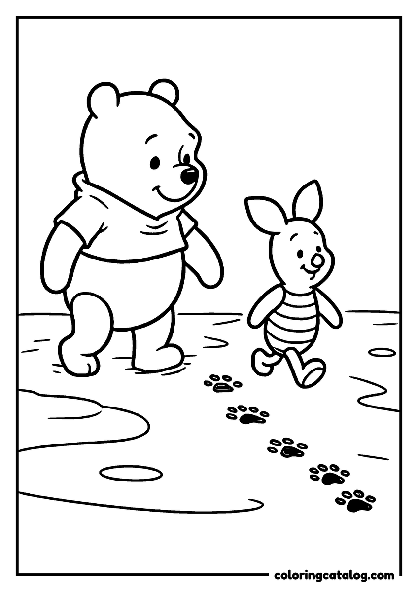 Winnie the Pooh coloring page of Winnie the Pooh and Piglet walking across the ice leaving paw prints