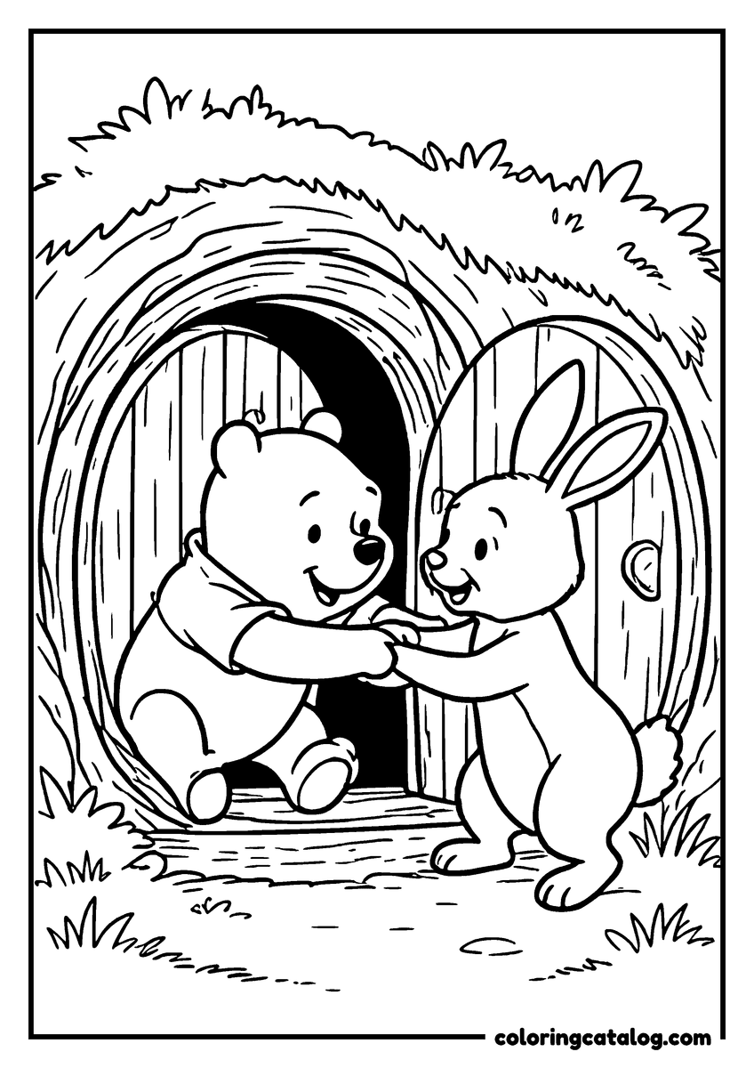 Winnie the Pooh coloring page of Winnie the Pooh and Rabbit holding hands at the door of Rabbit's burrow