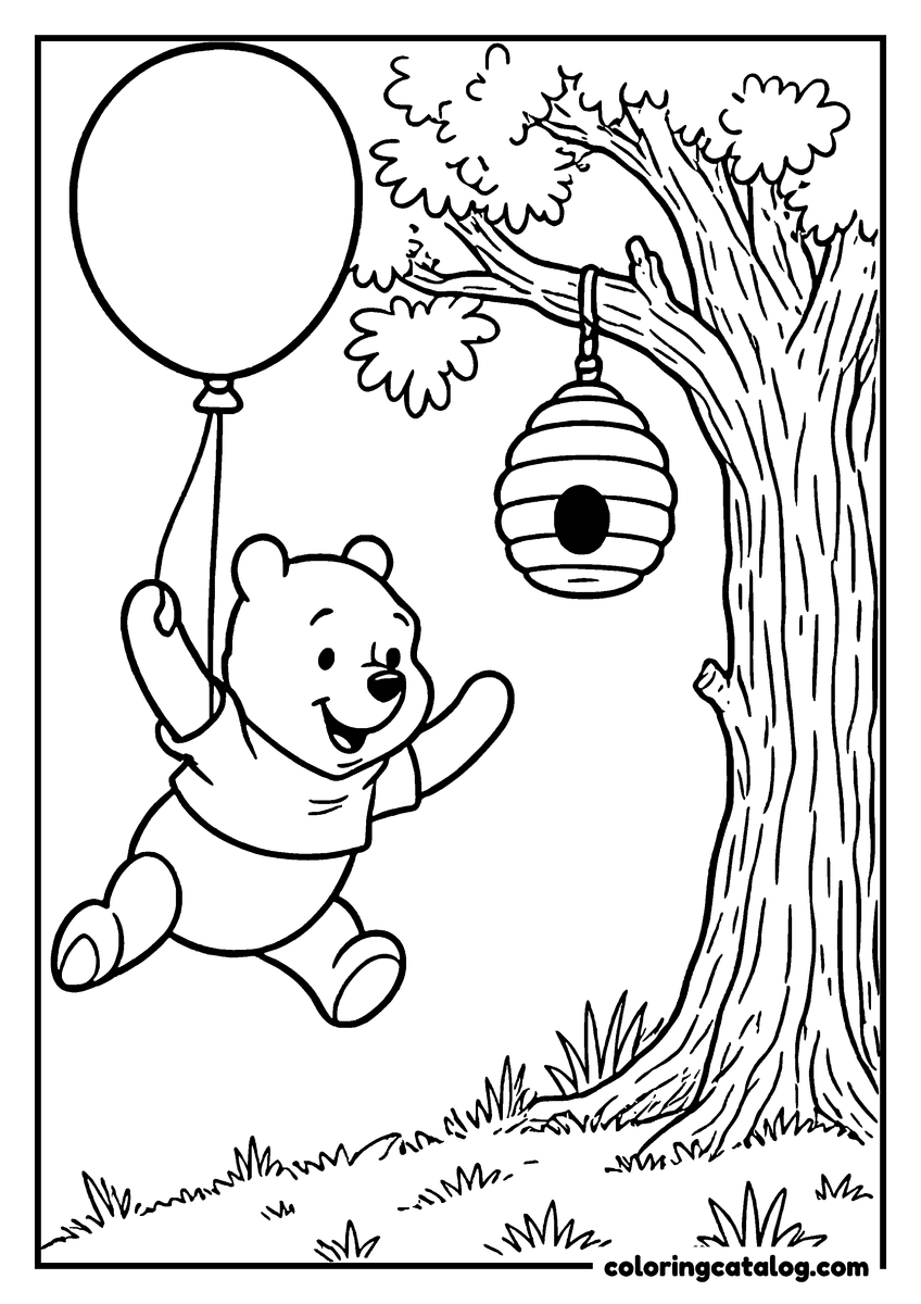 Winnie the Pooh coloring page of Winnie the Pooh floating up with a balloon toward a beehive in a tree