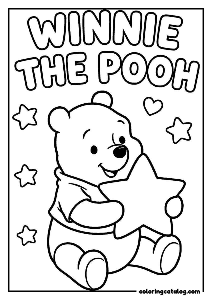 Winnie the Pooh coloring page of Winnie the Pooh holding a big star under the words WINNIE THE POOH