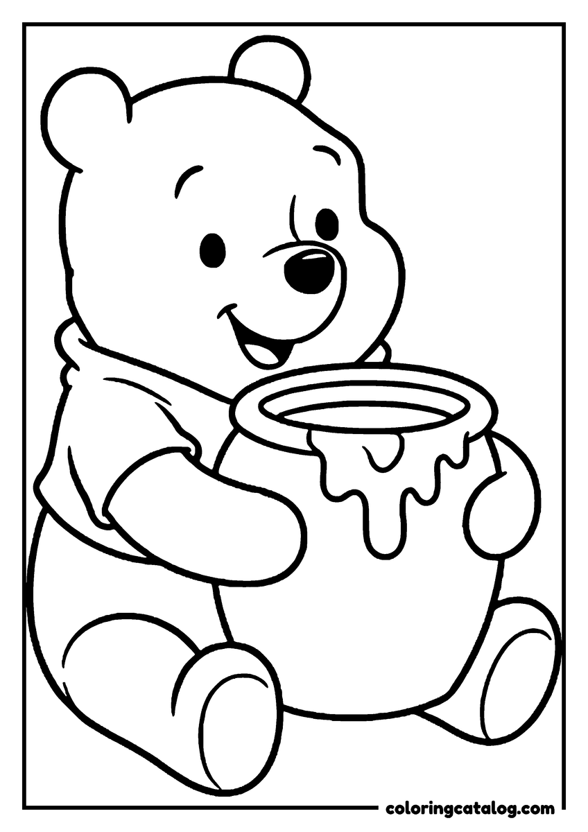 Winnie the Pooh coloring page of Winnie the Pooh sitting and hugging a dripping honey pot