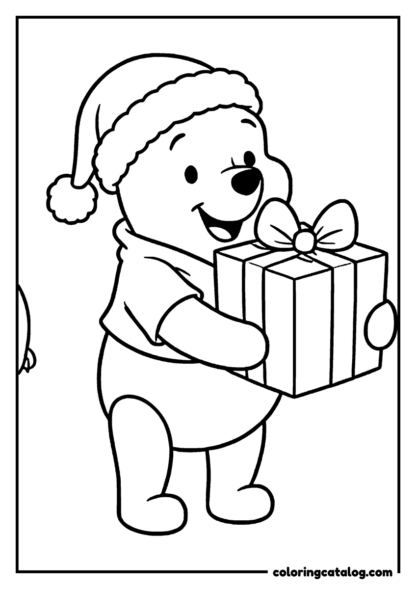 Winnie the Pooh coloring page of Winnie the Pooh in a Santa hat holding a present