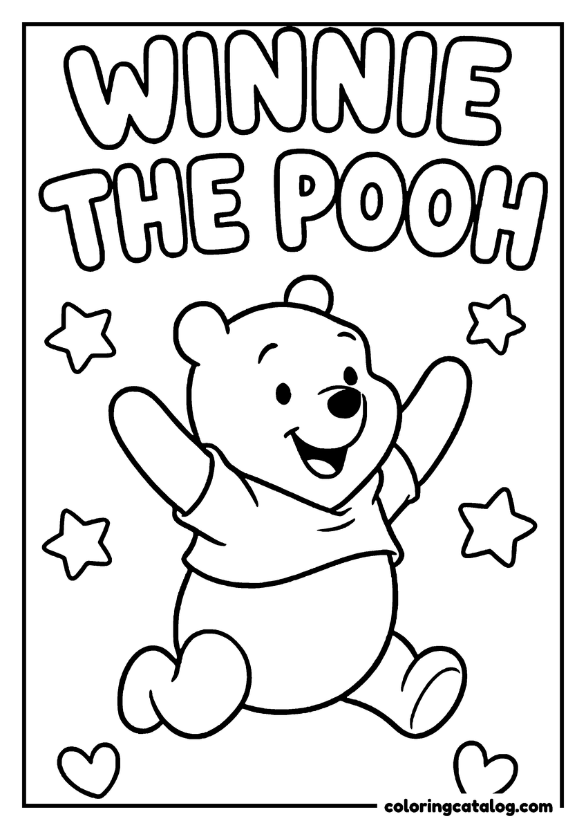 Winnie the Pooh coloring page of Winnie the Pooh jumping with joy under the words WINNIE THE POOH