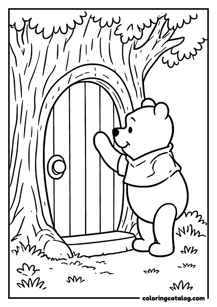 Winnie the Pooh coloring page of Winnie the Pooh knocking on a round door in a tree