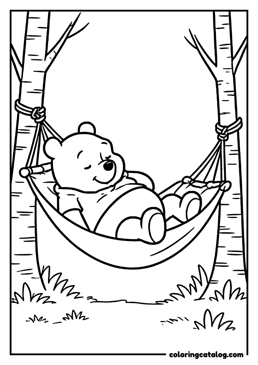 Winnie the Pooh coloring page of Winnie the Pooh napping in a hammock between two birch trees