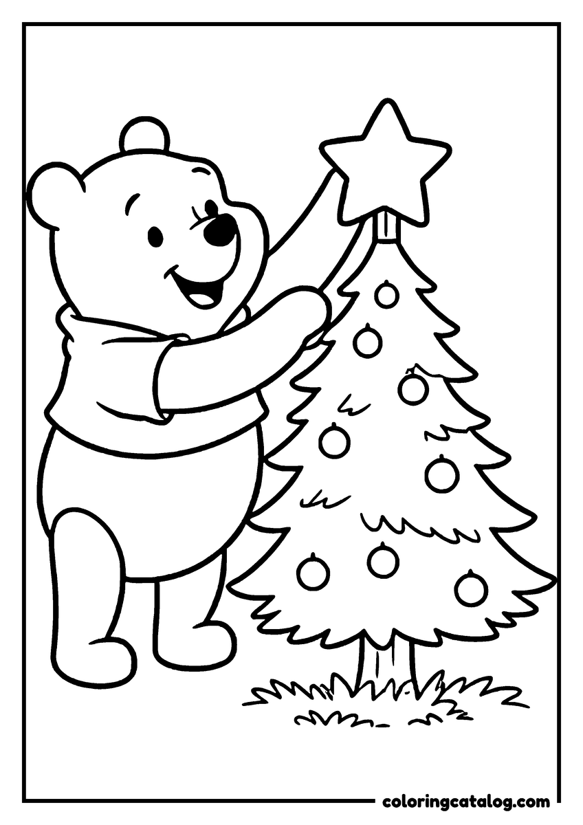 Winnie the Pooh coloring page of Winnie the Pooh putting the star on top of a Christmas tree