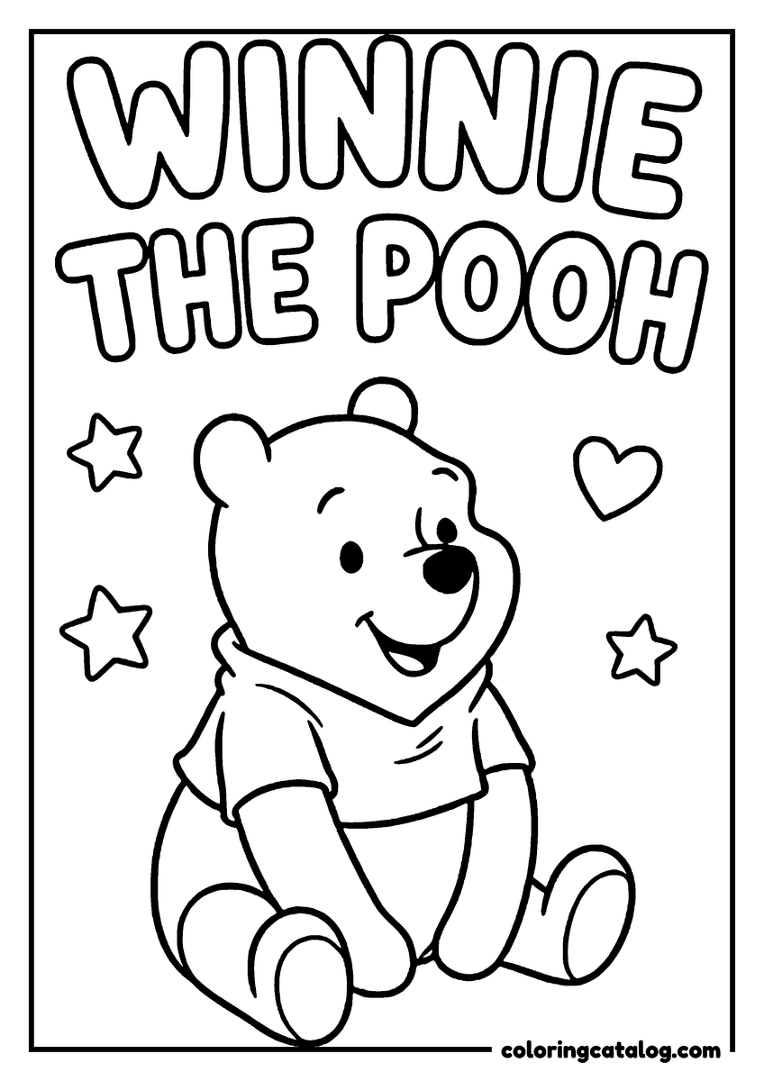 Winnie the Pooh coloring page of Winnie the Pooh sitting under the words WINNIE THE POOH