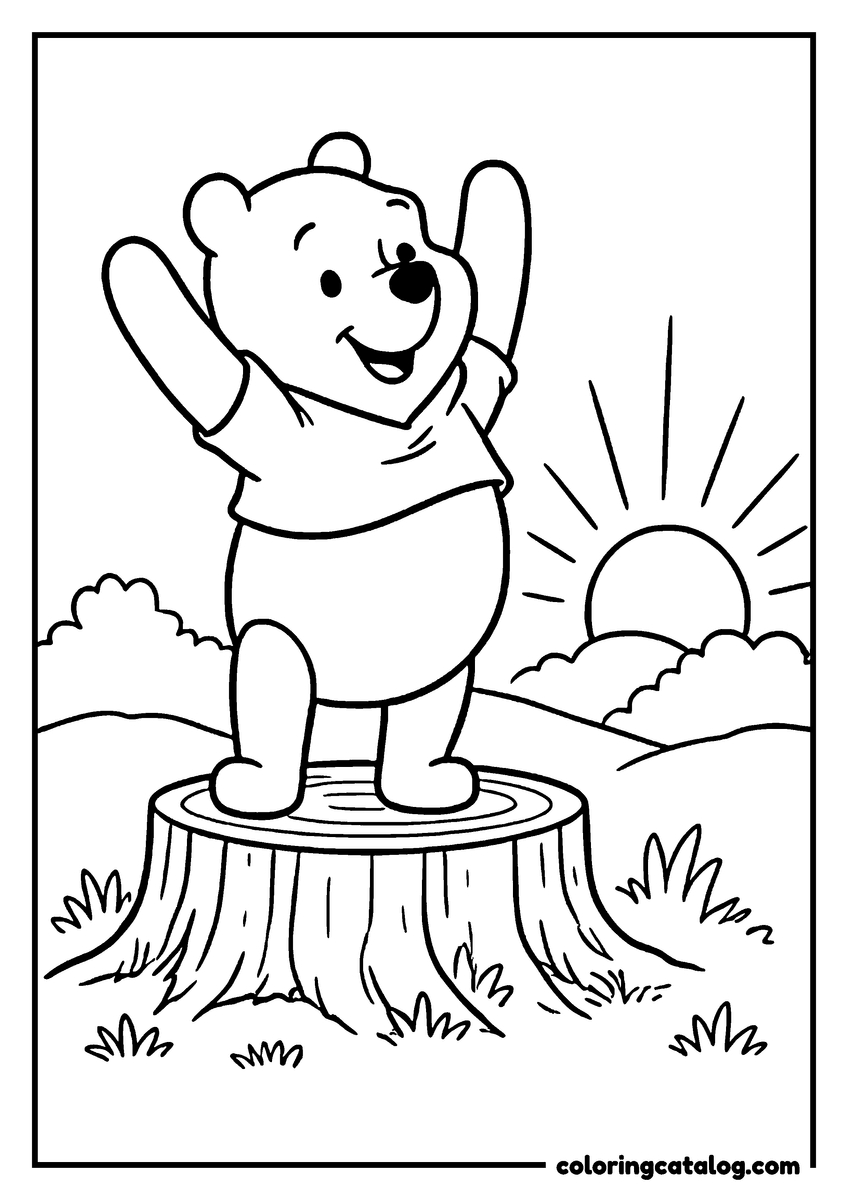 Winnie the Pooh coloring page of Winnie the Pooh stretching on a tree stump at sunrise