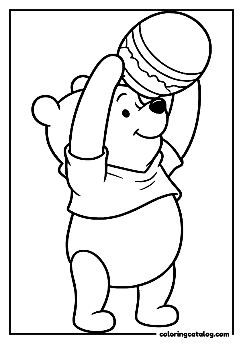 Winnie the Pooh coloring page of Winnie the Pooh tipping a honey pot over his head
