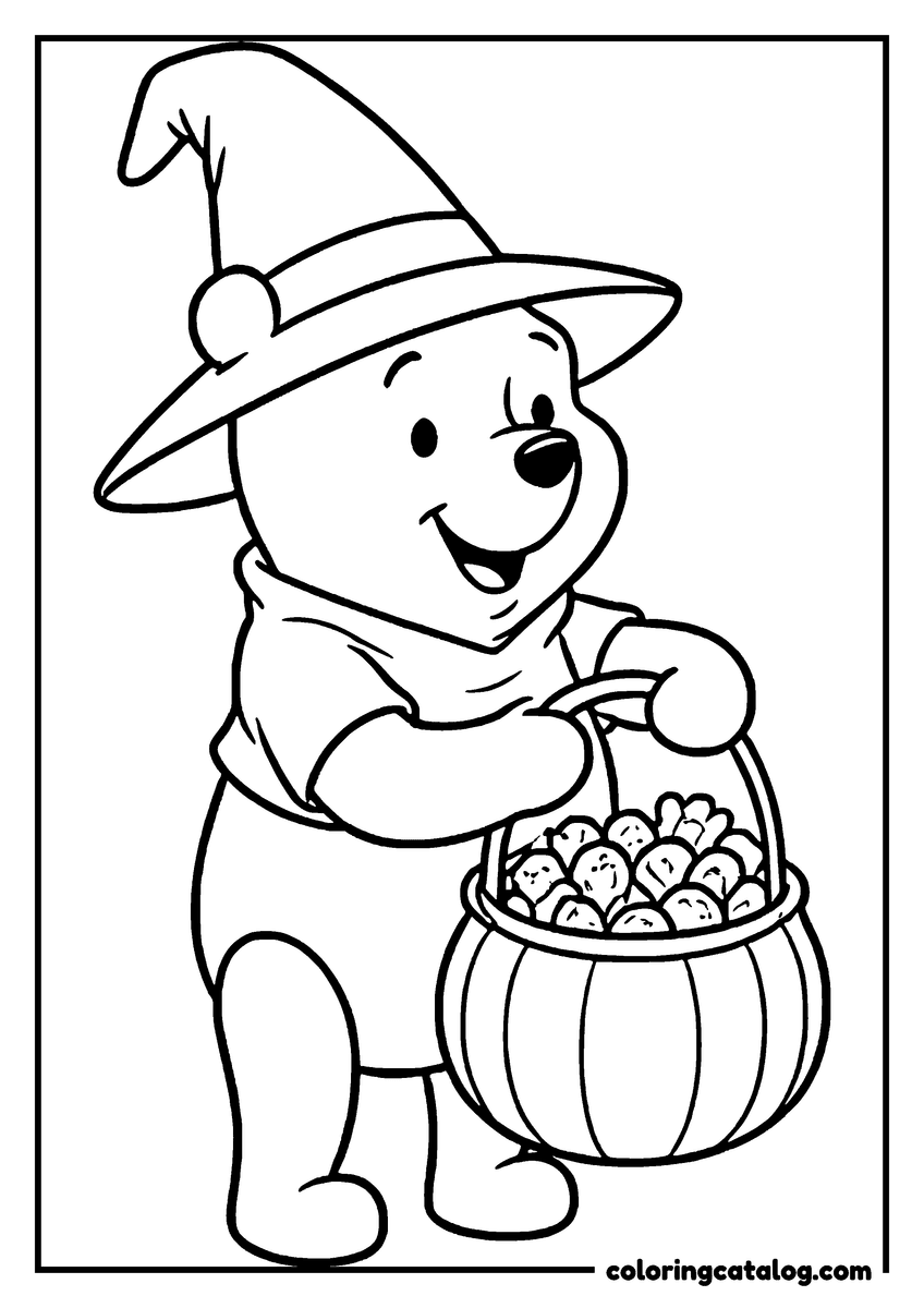 Winnie the Pooh coloring page of Winnie the Pooh in a witch hat holding a pumpkin candy basket