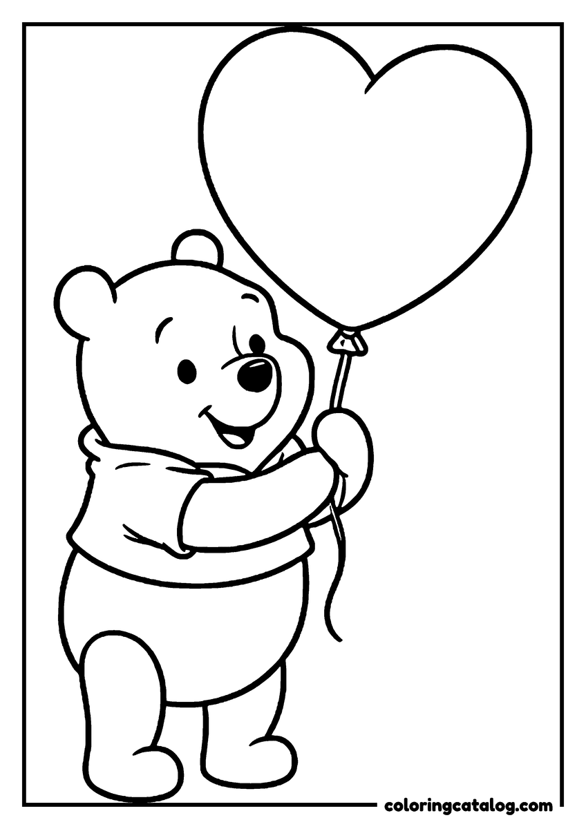 Winnie the Pooh coloring page of Winnie the Pooh holding a heart balloon