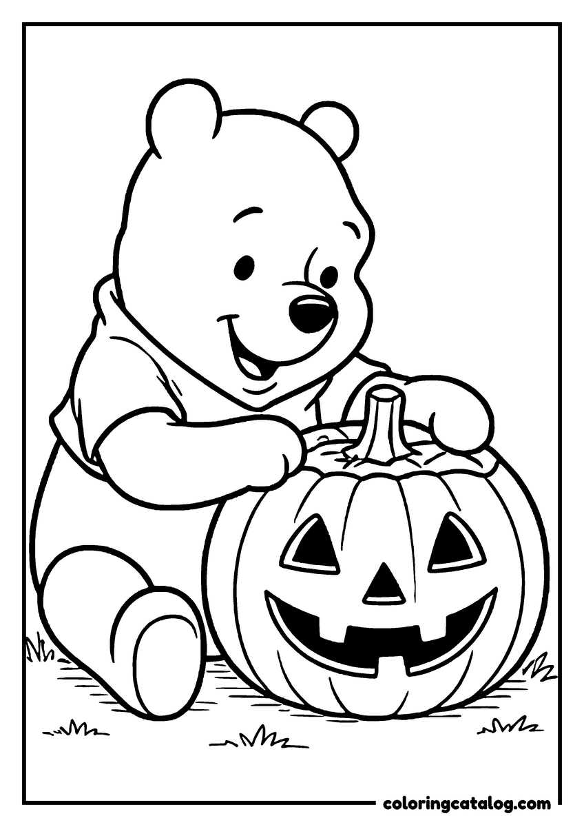 Winnie the Pooh coloring page of Winnie the Pooh sitting next to a jack o'lantern