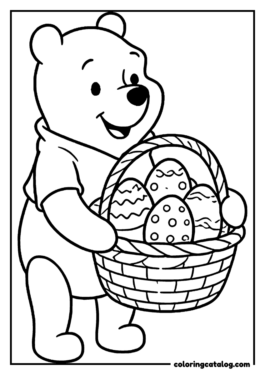 Winnie the Pooh coloring page of Winnie the Pooh carrying a basket of decorated Easter eggs