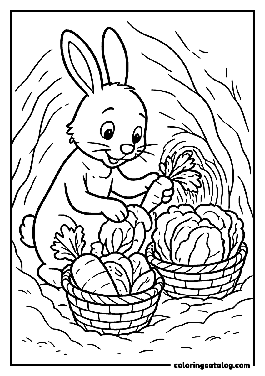 Winnie the Pooh coloring page of Rabbit sorting carrots and cabbages into baskets in his burrow