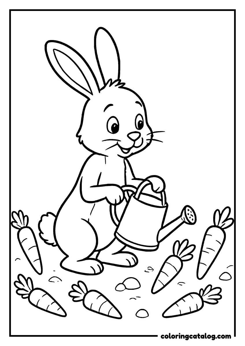 Winnie the Pooh coloring page of Rabbit watering his carrot patch with a watering can