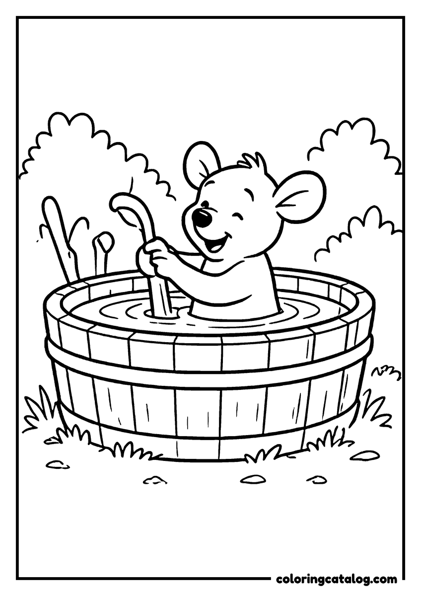 Winnie the Pooh coloring page of Roo playing in a wooden tub of water