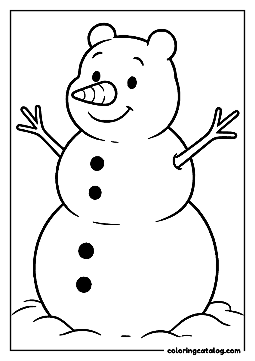 Winnie the Pooh coloring page of a snowman with bear ears, twig arms and a carrot nose