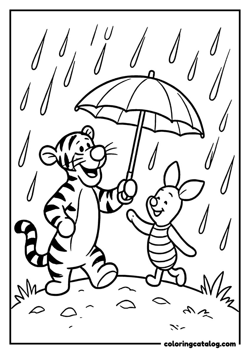 Winnie the Pooh coloring page of Tigger holding an umbrella over Piglet in the rain