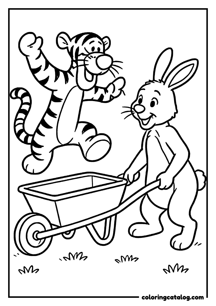 Winnie the Pooh coloring page of Tigger bouncing beside Rabbit pushing a wheelbarrow