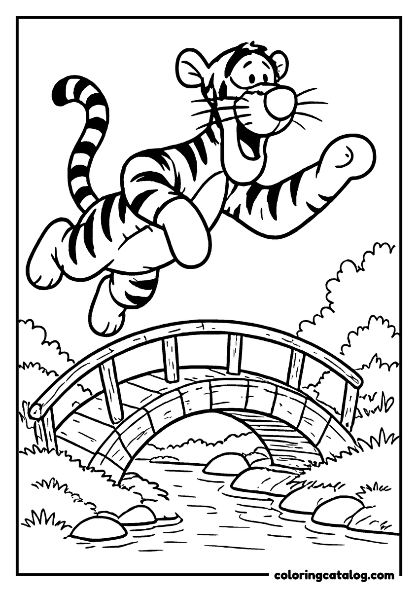 Winnie the Pooh coloring page of Tigger bouncing over a little stone bridge