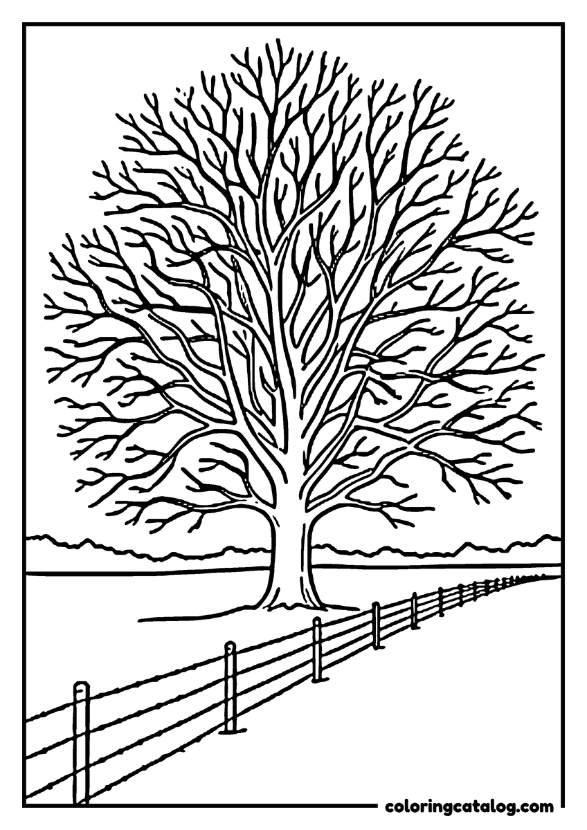 Free Winter coloring sheet: A bare tree standing alone in a field under snow, every branch and twig drawn out to its tip and a fence running past