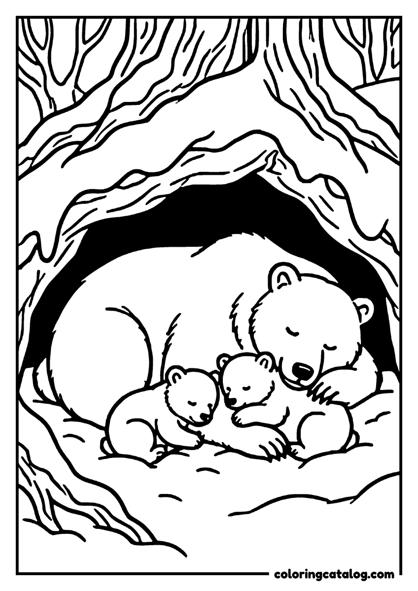Printable Winter coloring page: A bear asleep in a den under snow covered roots with two cubs curled against her side and snow banked across the opening