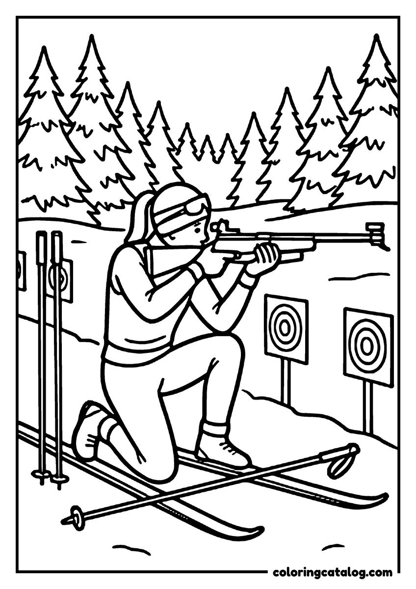 Free Winter coloring sheet: A biathlon skier kneeling to shoot at a row of round targets, skis crossed under her and poles planted in the snow behind