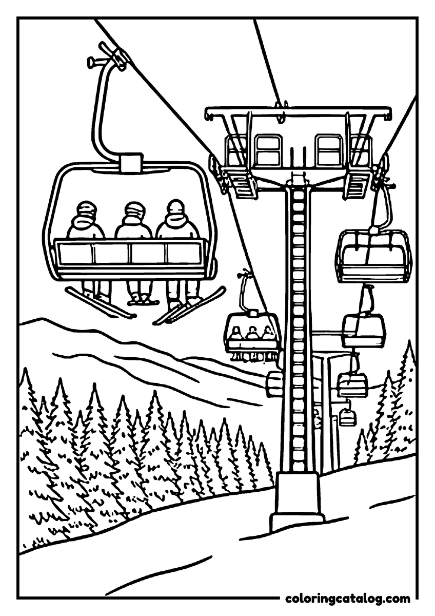 Winter coloring page: A chairlift carrying three riders over a snowy slope, more chairs strung along the cable and pine tops below their skis