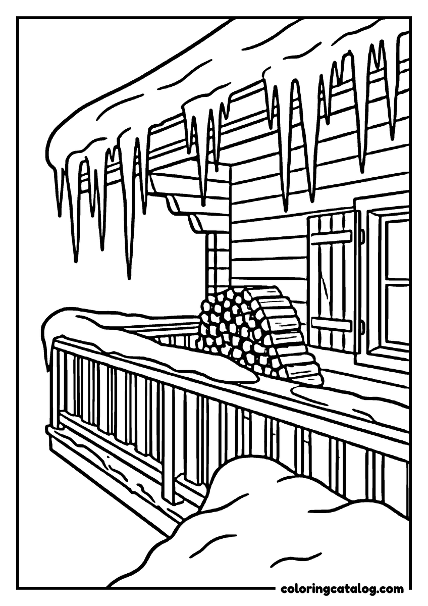 Printable Winter coloring page: A chalet balcony under a thick roof of snow, icicles hanging in a row from the eaves and firewood stacked to the shutters