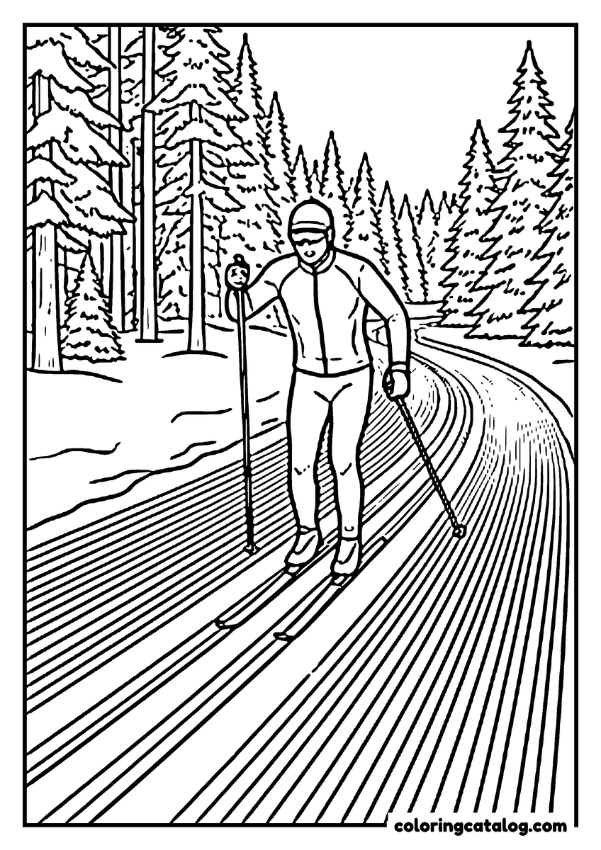 Free Winter coloring sheet: A cross country skier gliding along a groomed track between snow laden pines, both poles planted and the lane running ahead