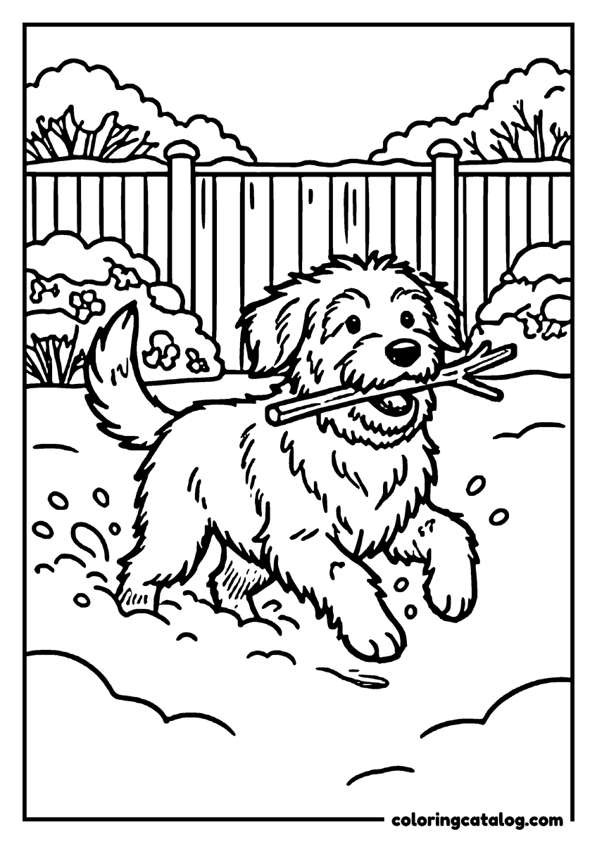 Free Winter coloring sheet: A shaggy dog bounding through deep snow with a stick held across its mouth, snow flying and a garden fence behind
