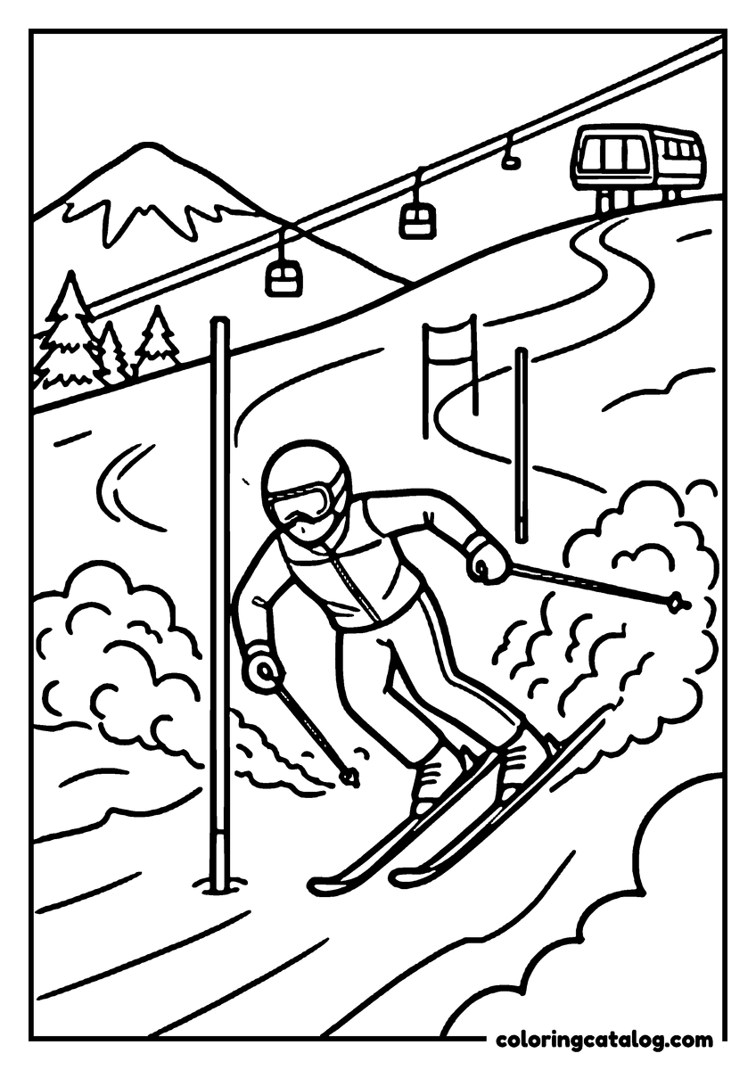 Printable Winter coloring page: A downhill skier weaving between two gate poles with snow thrown up at the turn, a gondola line crossing the slope above