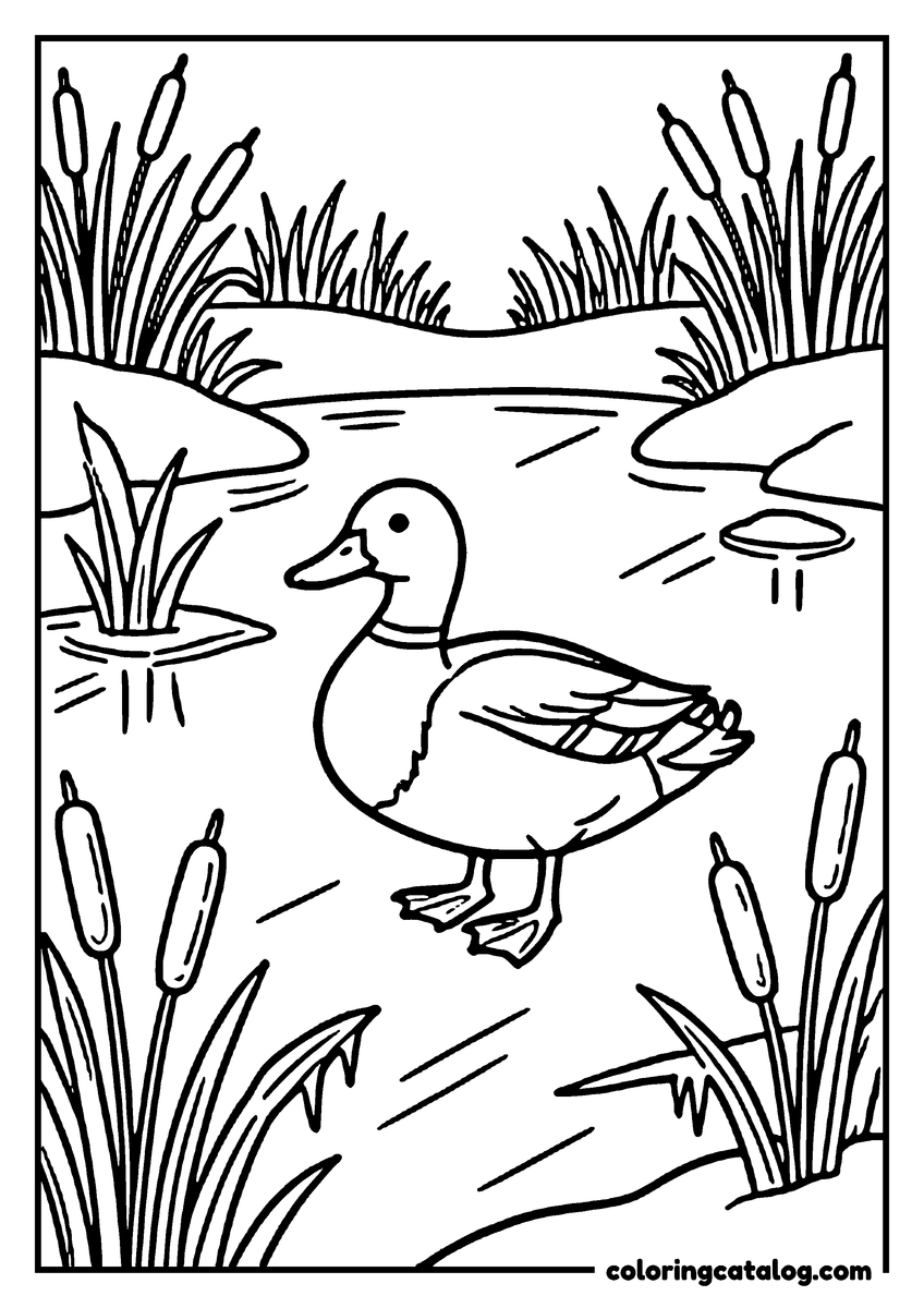 Winter coloring page: A duck standing on the frozen edge of a pond with reeds caught upright in the ice and bulrushes leaning over the water