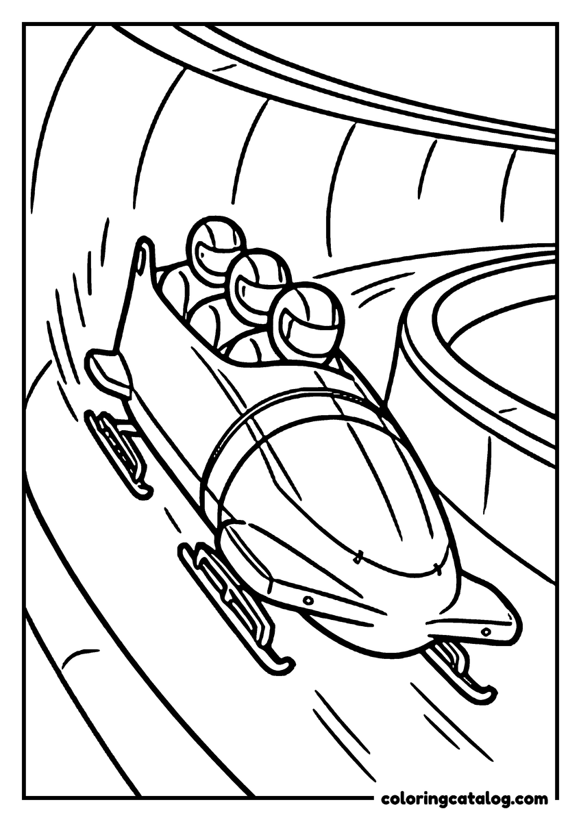 Winter coloring page: A four seat bobsleigh rounding the banked wall of an ice chute, the runners clear of the surface and the crew tucked low