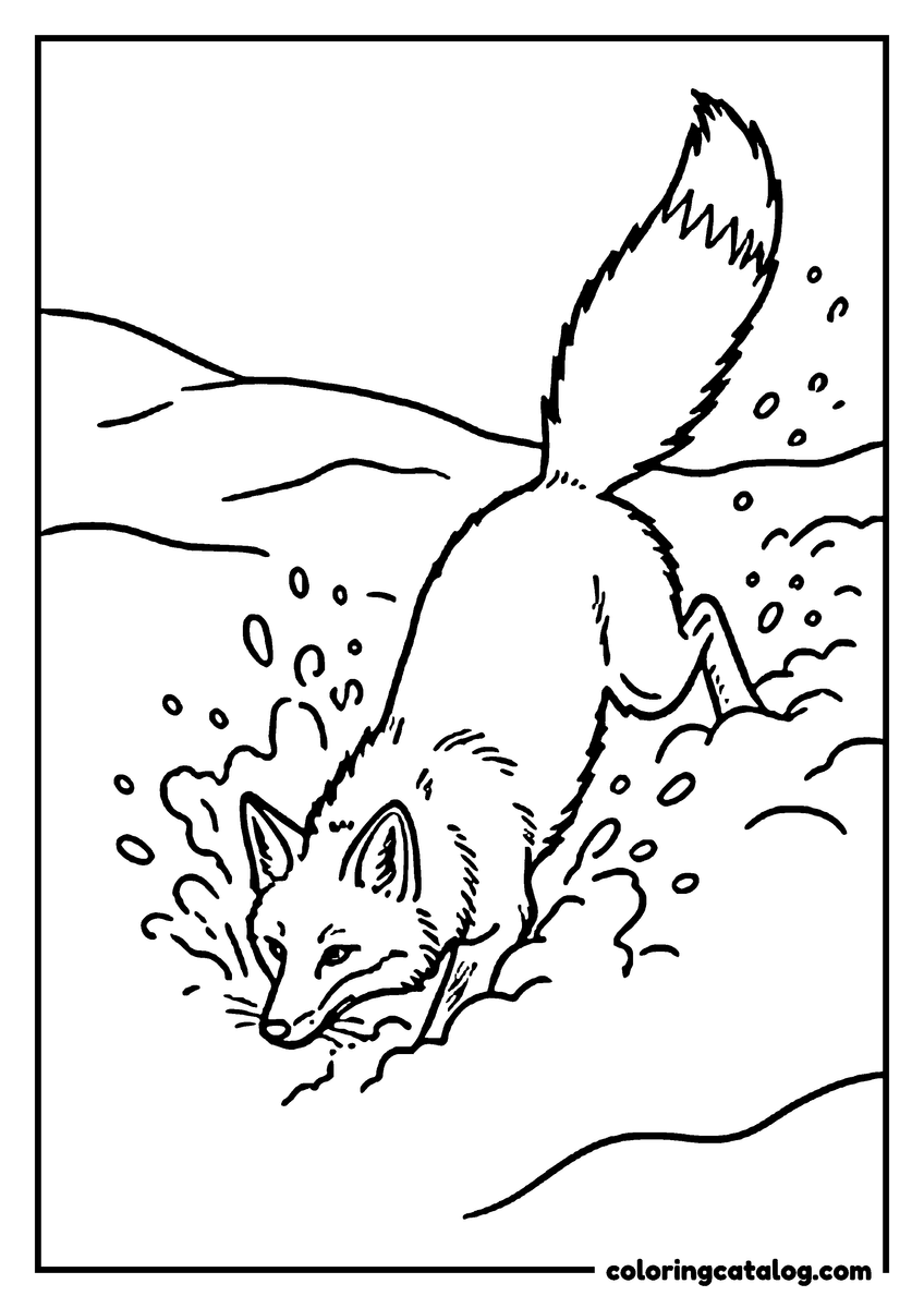 Free Winter coloring sheet: A fox diving nose first into deep snow with its tail held high and loose snow bursting around its shoulders