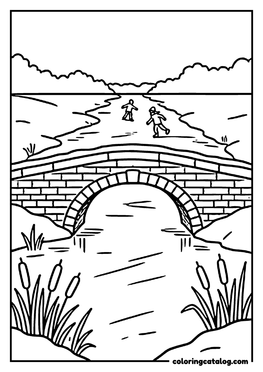 Winter coloring page: A frozen canal running under a low stone bridge with two skaters small in the distance and reeds set upright in the ice