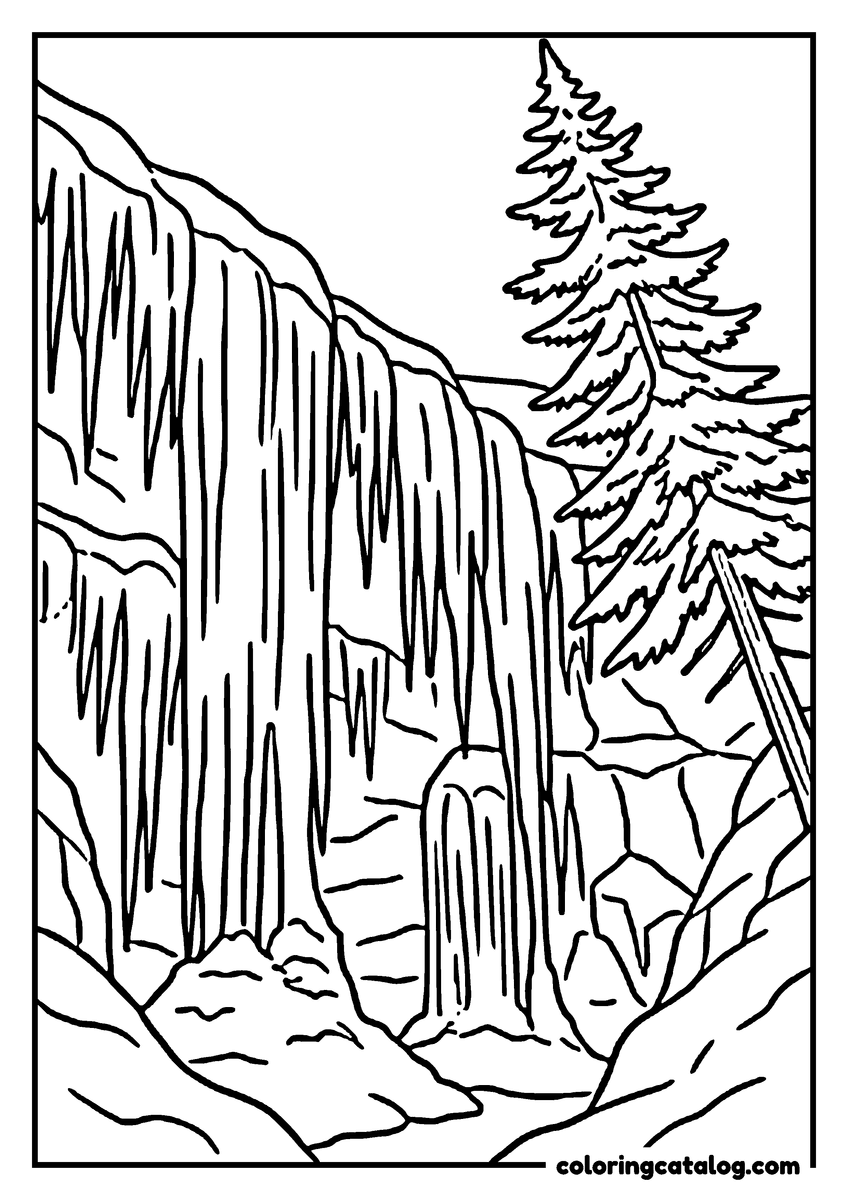 Winter coloring page: A waterfall frozen into thick columns of ice down a rock face, a fir leaning in from the side and snow banked at the foot