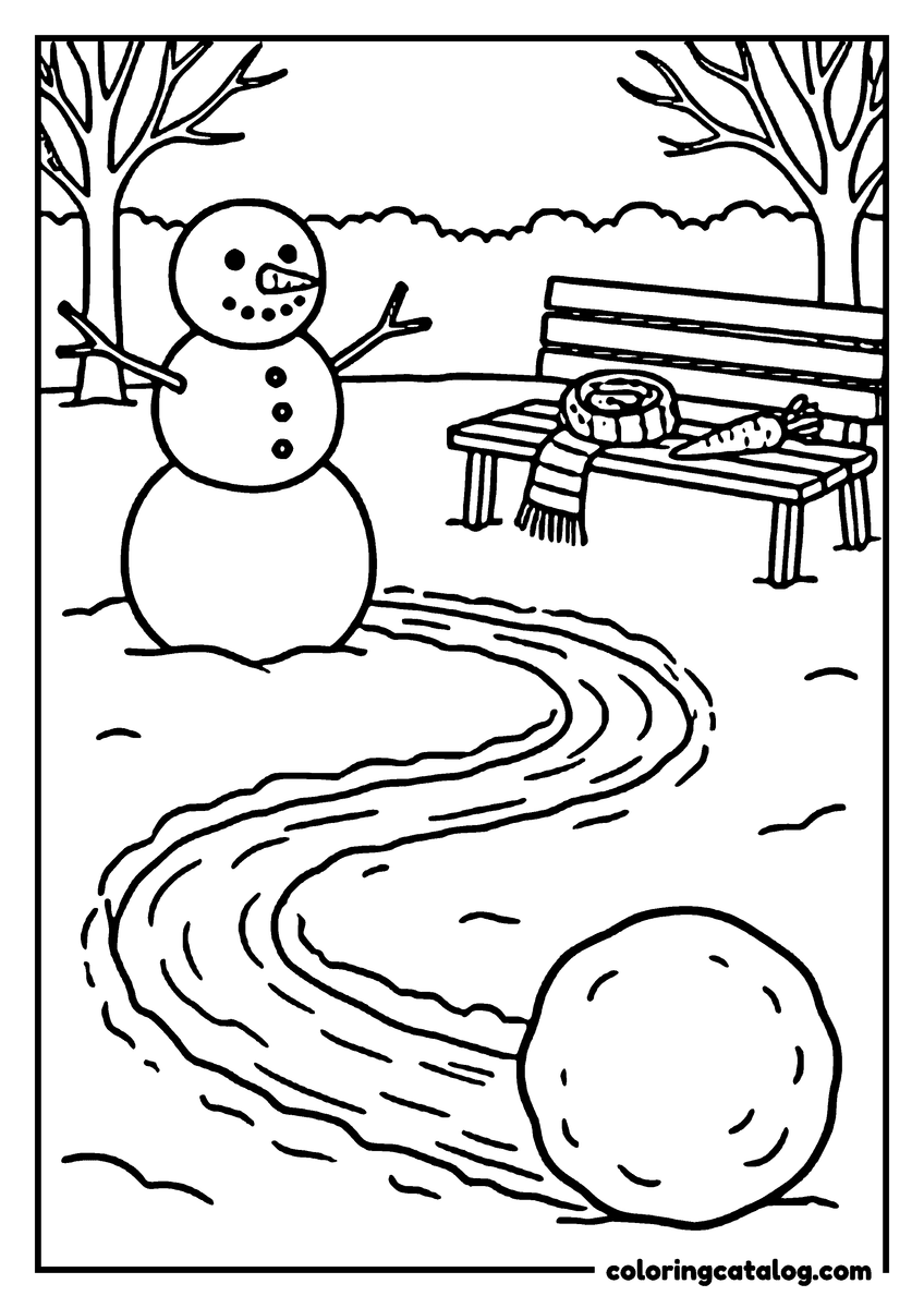 Free Winter coloring sheet: A half built snowman with the third snowball rolled up a track across the lawn, a scarf and a carrot waiting on a bench