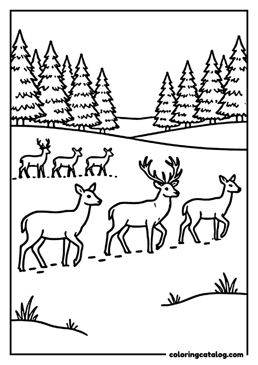 Winter coloring page: A herd of deer walking in single file across a snowy meadow, a stag at the front and a line of pines along the far edge