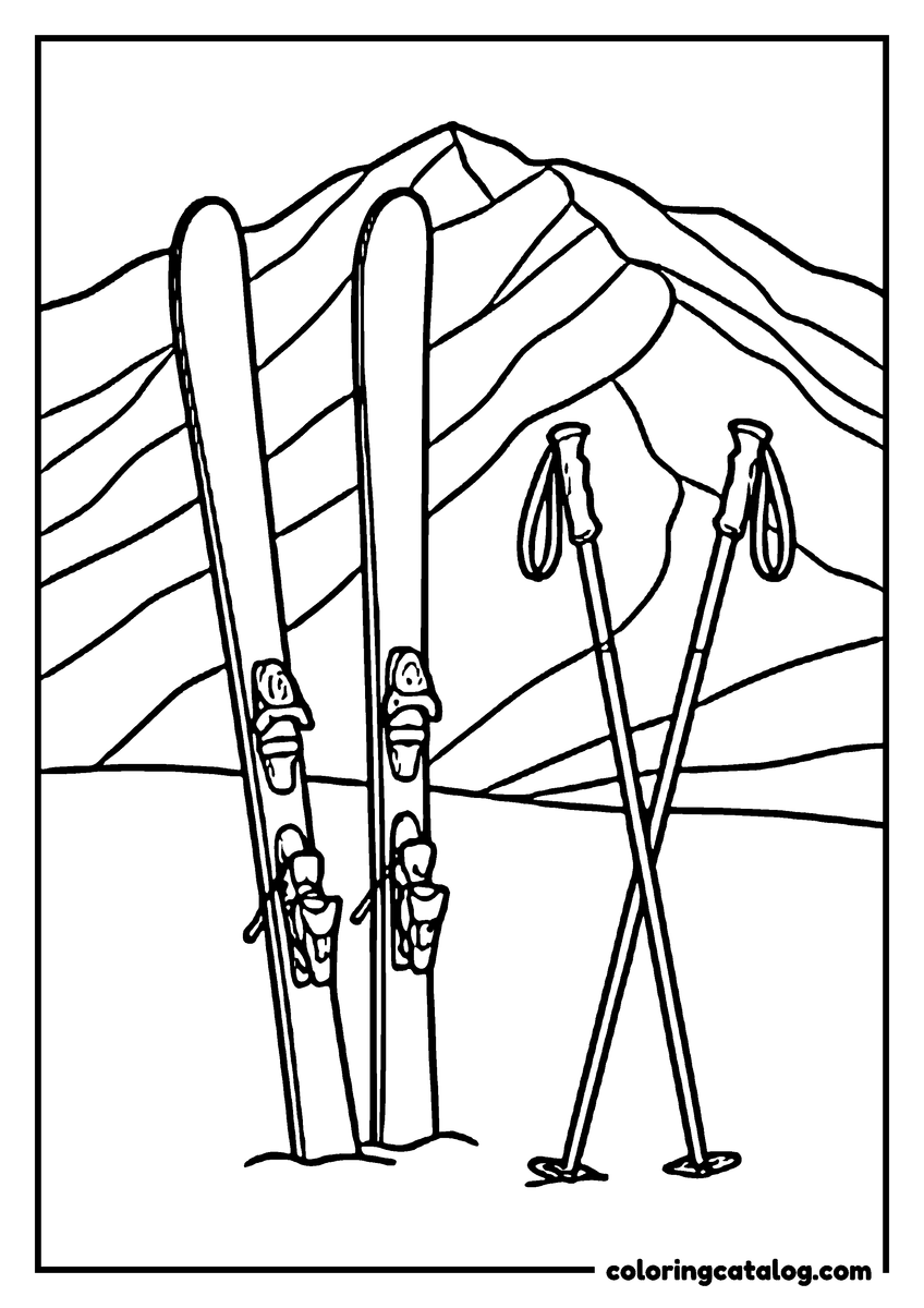 Free Winter coloring sheet: A pair of skis standing upright in the snow with the poles crossed in front, a ridge of mountains drawn in flat bands behind