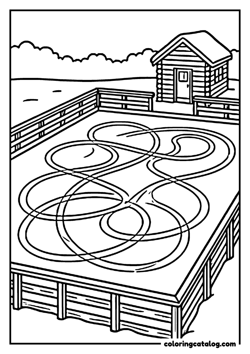 Printable Winter coloring page: A park ice rink enclosed by a low fence with a wooden hut at one corner and looping skate tracks cut across the ice