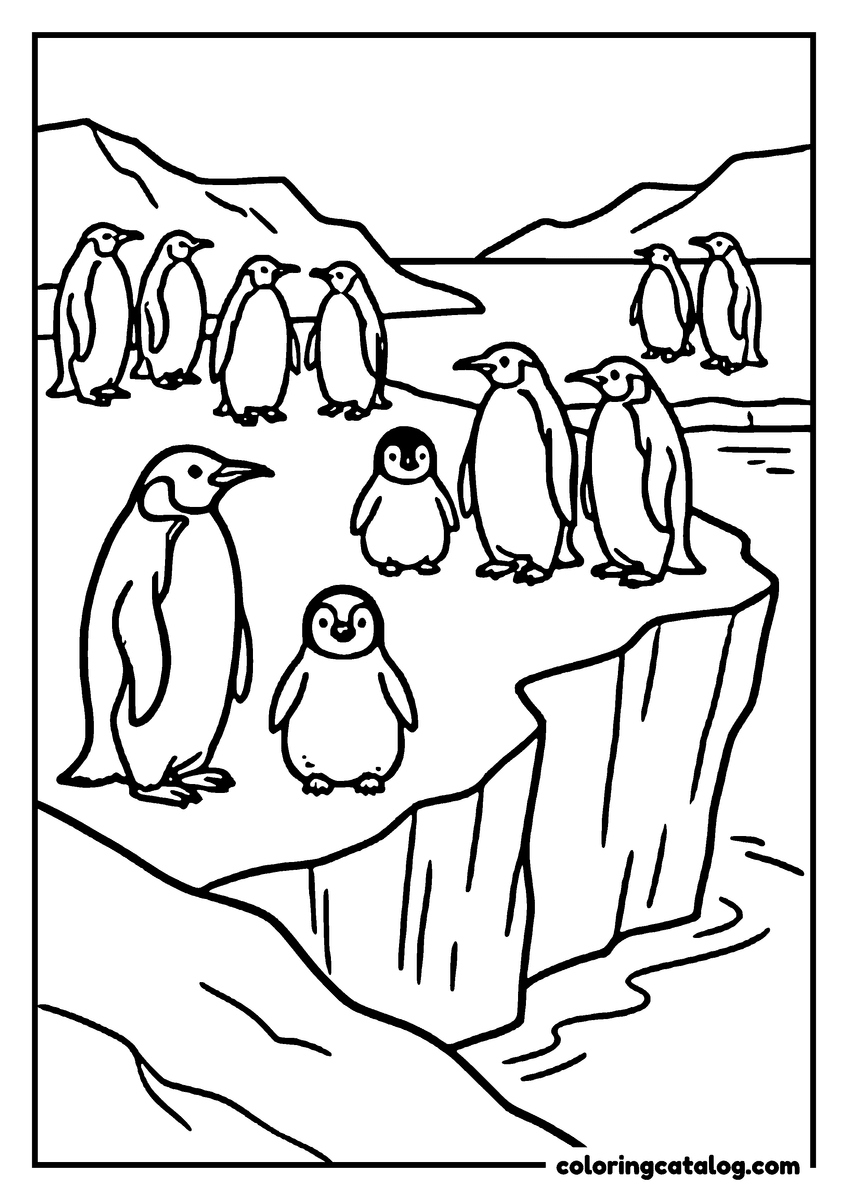 Winter coloring page: A penguin colony standing in groups along an ice shelf with two chicks between the adults and open water beyond the edge